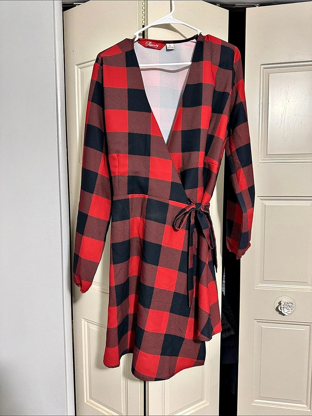 Shinesty Women's Checkered Wrap Mini Dress in Red & Black